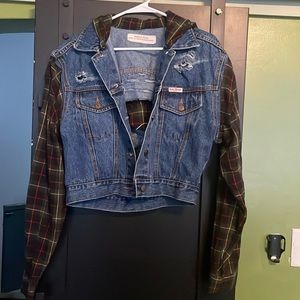 Flannel half and half distressed jean jacket